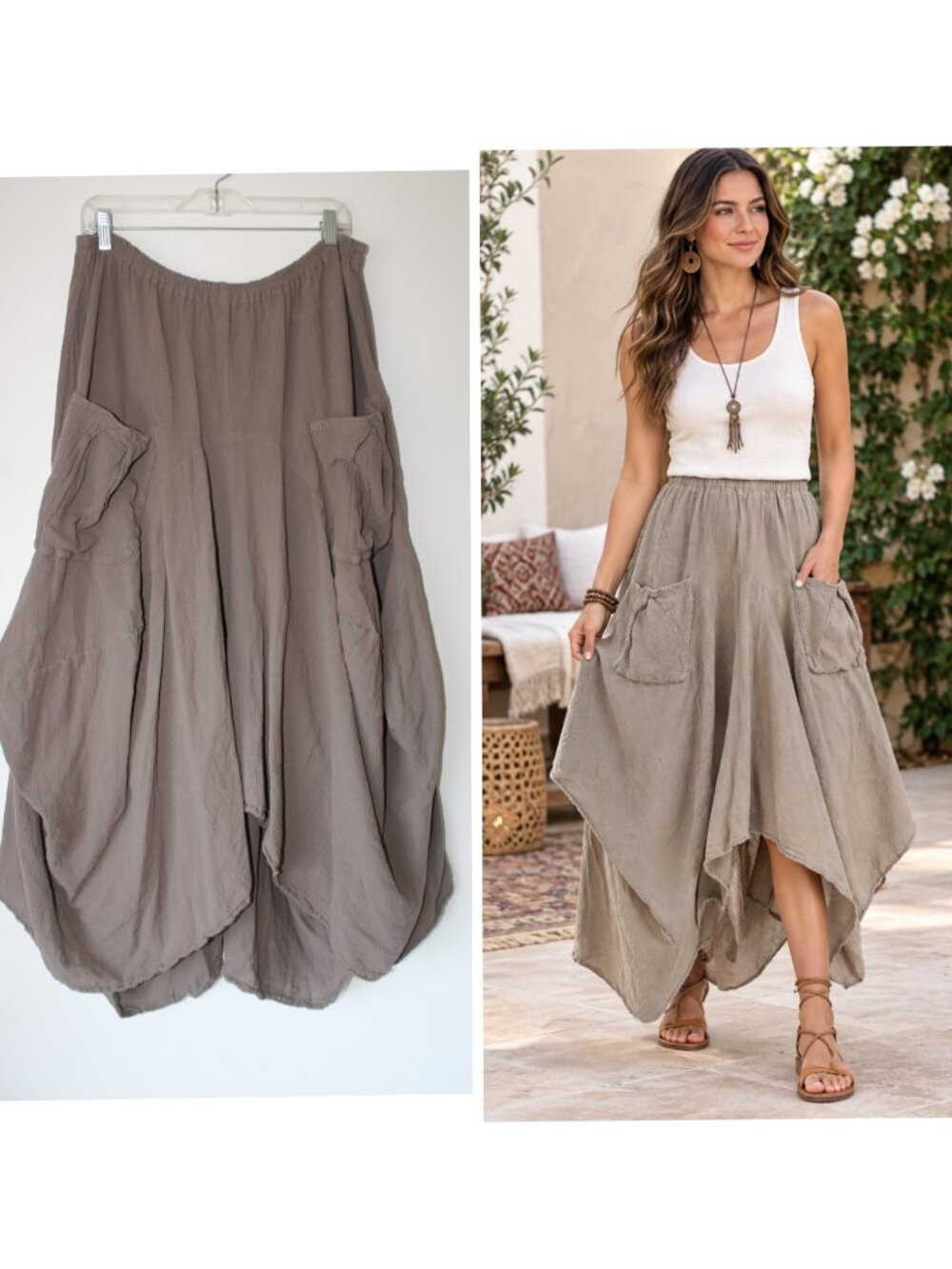 Oh My Gauze Robin Midi skirt Size 2/L-XL Cotton Baggy Brown Lagenlook Pockets